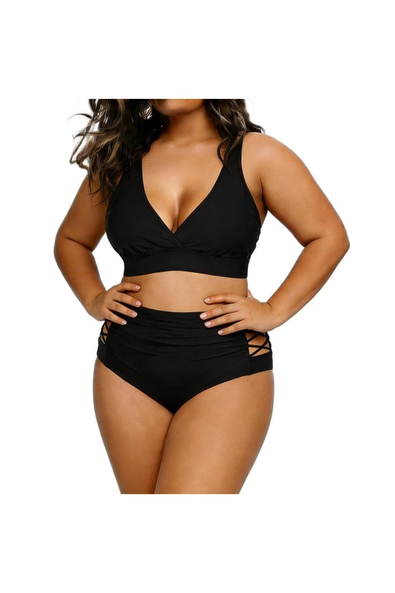 Women Two Piece Swimsuit High Waisted Bandage Bikini Solid Color Sexy Off Shoulder Ruffle Bathing Suits Plus Size Black-2 XXL