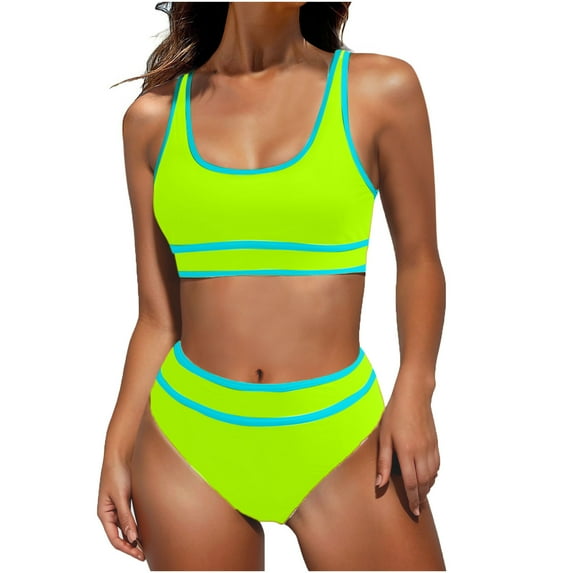 Summer Savings Clearance! Stamzod Women's High Waisted Bikini Sets Sporty Two Piece Swimsuits Color Block Cheeky High Cut Bathing Suits