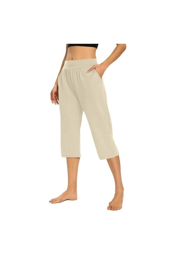 Women's Pants Summer Solid Color Elastic Waist Capri Pants with Pocket Casual Stretchy Oversized Cropped Pants for Women Beige S