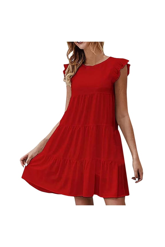 Women's Summer Dresses Casual Ruffle Sleeve Solid Color Mini Tank Dress Loose Pleated Tiered Flowy Beach Sundress for Women 2025