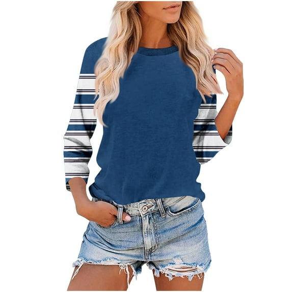 Stamzod Womens 3/4 Sleeve Tops and Blouses Summer Round Neck Graphic Tees Daily Casual Loose Oversized Tshirts for Women Blue C XL