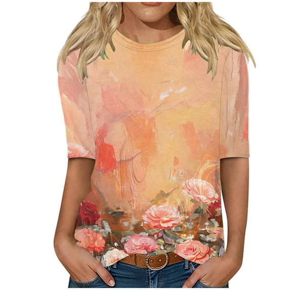 Stamzod Womens Blouses Fashion Vintage Floral Printing Round Neck Half Sleeve Pullover Tshirts Daily Casual Loose Basic Summer Tops for Women 2025 Orange XL