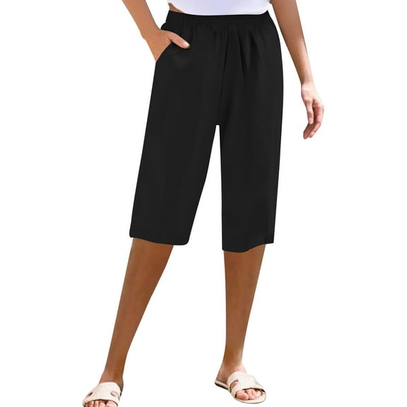 Stamzod Womens Capri Pants Summer Solid Color Elastic Waist Cropped Pants Casual Loose Plus Size Capris for Women with Pocket Black L