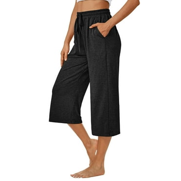 Summer Savings Clearance! Stamzod Womens Capri Summer Solid Color Elastic Waist Crop Pants Casual Loose Drawstring Wide Leg Capri Pants for Women with Pocket Black XL