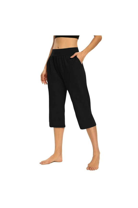 Womens Capris for Summer Solid Color Elastic Waist Casual Capris with Pocket Plus Size Cropped Pants for Women Black A L