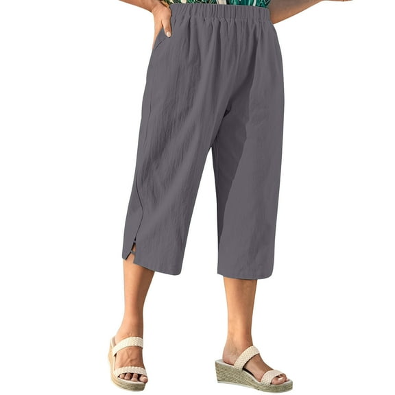 Stamzod Womens Capris Summer Solid Color Stretch Waist Crop Pants Loungewear Casual Loose Capri Pants with Pocket Gray XL