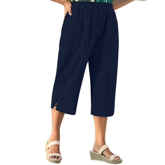 Stamzod Womens Capris Summer Solid Color Stretch Waist Crop Pants Loungewear Casual Loose Capri Pants with Pocket Navy M