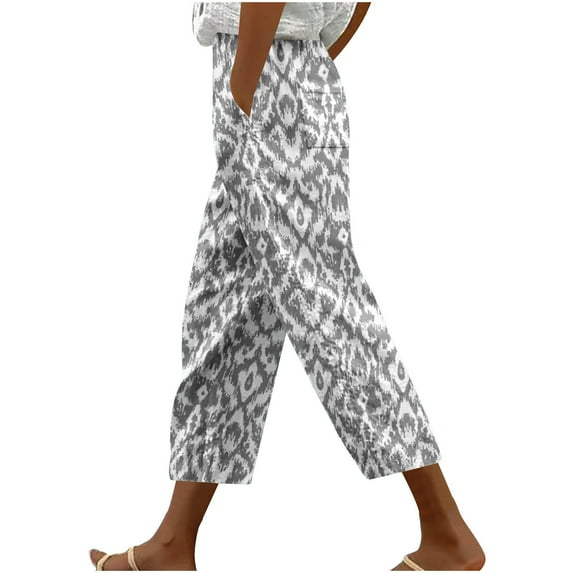 Stamzod Womens Cropped Pants Fashion Printing Summer Straight Leg Capris Casual Loose Plus Size Pants with Pocket Gray-1 XXXL