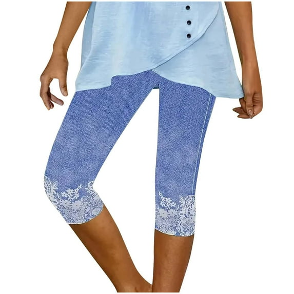 Summer Savings Clearance! Stamzod Womens Leggings Summer Solid Color Stretch Waist Lace Yoga Pants Casual Slim Fit Capri Leggings for Women Blue A L