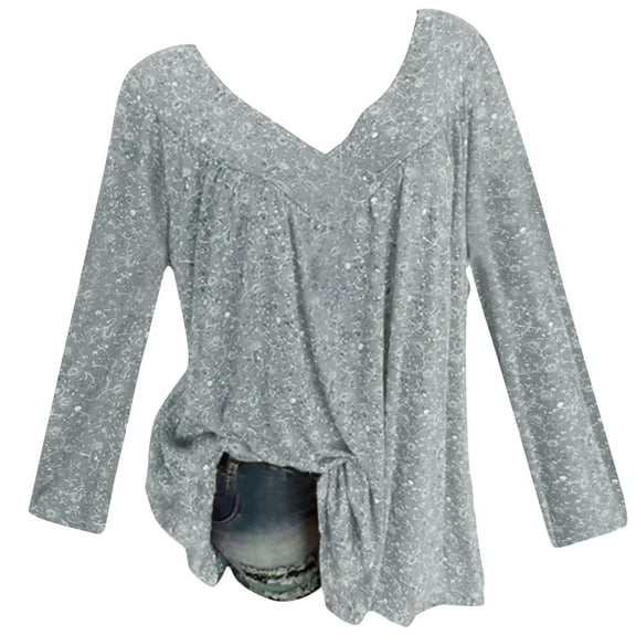 Stamzod Womens Long Sleeve Tops Fashion Floral Printing Summer V-Neck Pullover Top Casual Loose Plus Size Shirts for Women Gray F S