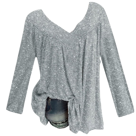 Stamzod Womens Long Sleeve Tops Fashion Floral Printing Summer V-Neck Pullover Top Casual Loose Plus Size Shirts for Women Gray F XL
