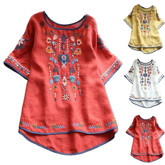 Stamzod Womens Oversize Flare Tunic Tops Ethnic Style Print Half Sleeve T Shirt Crew Neck Casual Loose Vintage Streetwear White M
