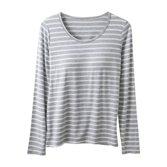 Stamzod Womens Pajamas with Built-In Cups Fashion Strip Printing Summer Crewneck Long Sleeve Pullover T Shirts Sleepwear Casual Loose Plus Size Tops for Women Gray B XXL