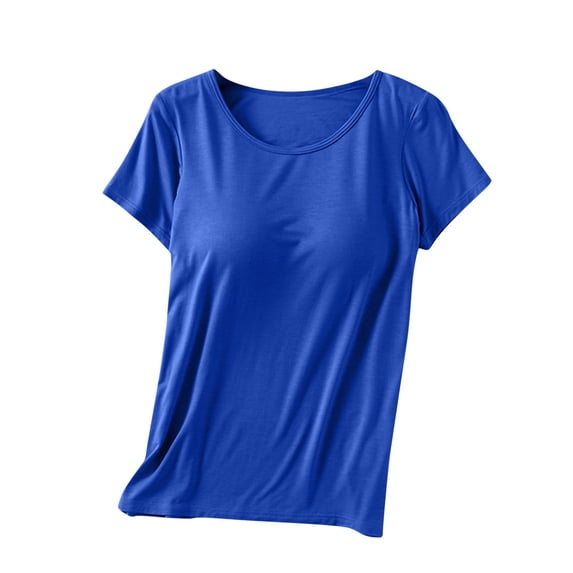 Stamzod Womens Pajamas with Built-In Cups Summer Solid Color Round Neck Plus Size Tops Sleepwear Casual Short Sleeve Plus Size Tshirts Shirts for Women Blue XXXL