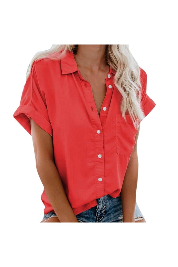Womens Short Sleeve Shirts V Neck Collared Button Up Shirt Tops with Pockets Oversize Dressy Casual Women Shirts Red XXL