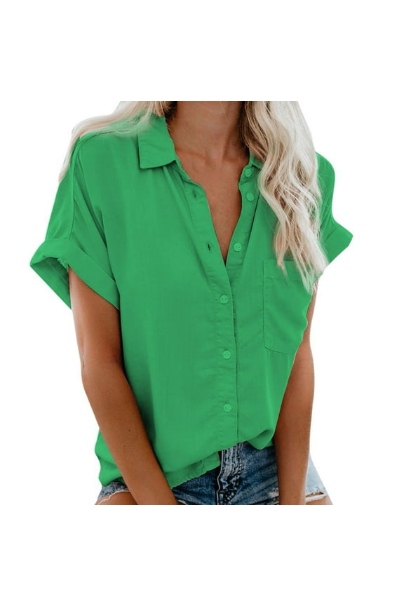 Womens Short Sleeve Shirts V Neck Collared Button Up Shirt Tops with Pockets Oversize Dressy Casual Women Shirts