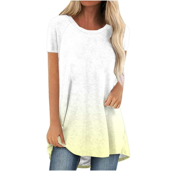 Stamzod Womens Short Sleeve Tops Fashion Gradient Printing Summer V Neck Lightweight Tops & Blouses Casual Loose Oversized Tshirts for Women Yellow XXL