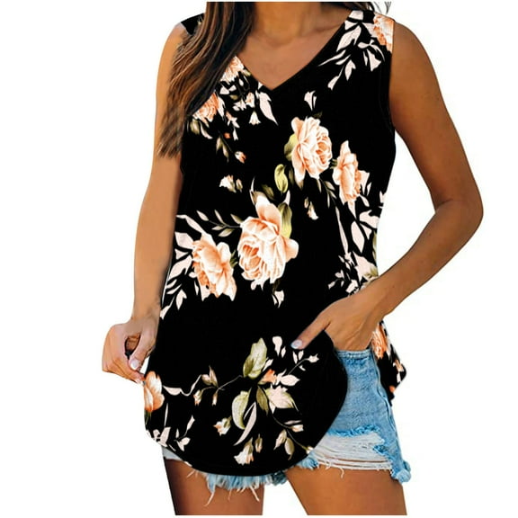 Stamzod Womens Summer Outfits Fashion Floral Printing V Neck Vacation Beach Tank Tops Daily Casual Loose Sleeveless Tops for Women Black C S
