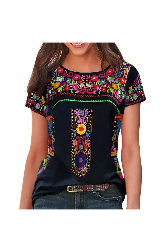 Womens Summer Tops Ethnic Style Print Short Sleeve T Shirt Crew Neck Casual Loose Fitting Vintage Streetwear