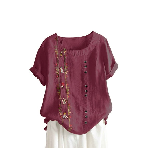 Stamzod Womens Summer Tops Fashion Floral Printed Cotton and Linen Vintage Blouses Casual Loose Crewneck Short Sleeve Plus Size Shirts for Women Wine L