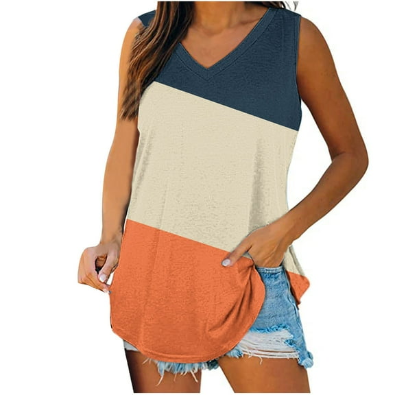 Stamzod Womens Summer Tops Fashion Patchwork Printing V Neck Sleeveless Vacation Beach Shirts Daily Casual Loose Tank Tops for Women Orange L