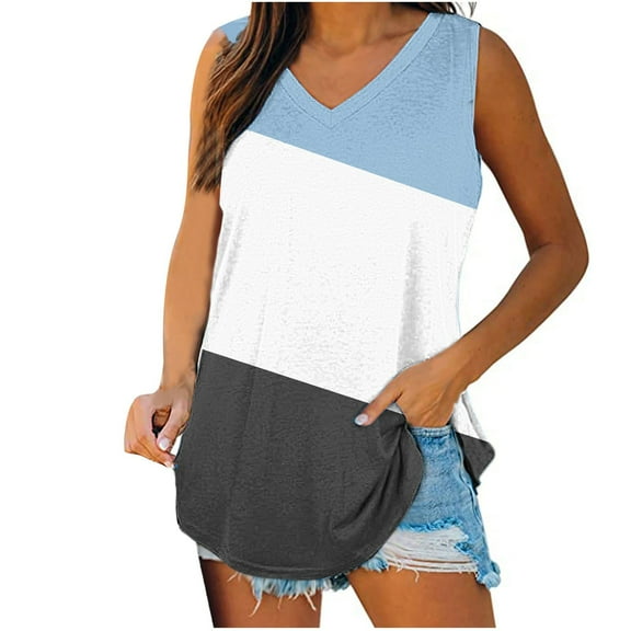 Stamzod Womens Summer Tops Fashion Patchwork Printing V Neck Sleeveless Vacation Beach Shirts Daily Casual Loose Tank Tops for Women Blue M