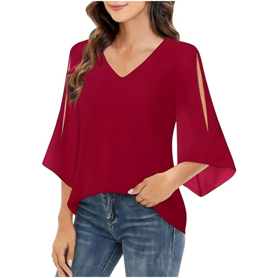 Stamzod Womens Summer Tops Fashion Solid Color V-Neck Lightweight Chiffon Tunic Tops Casual Loose 3/4 Sleeve Tops for Women Wine L