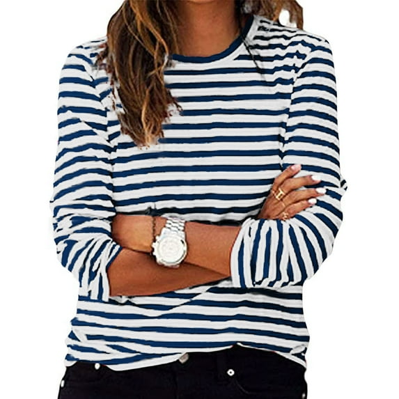 Stamzod Womens Tops Casual Loose Long Sleeve Basic T-Shirts Fashion Strip Printing Round Neck Summer Blouses for Women 2025 Blue M