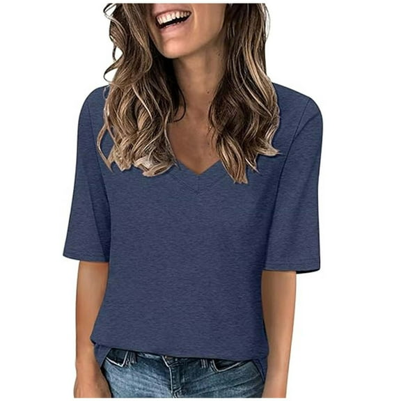 Stamzod Womens Tops Fashion Solid Color Crewneck Half Sleeve Classic Tee Shirts Loungewear Casual Loose Plus Size Summer Tops for Women Navy XL