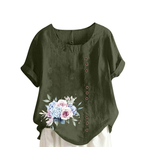 Stamzod Womens Tops Fashion Vintage Summer Round Neck Short Sleeve Pullover T-Shirt Casual Loose Floral Printed Blouses for Women Army Green B XXXL