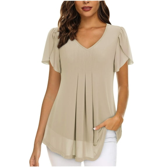 Stamzod Women's Fashion Chiffon Solid Color Casual V-Neck Short Sleeve T-shirt Tops