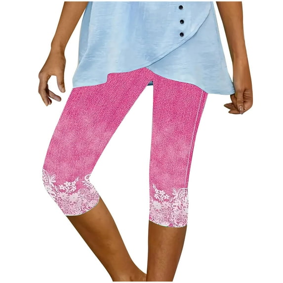 Stamzod Womens Yoga Leggings Summer Solid Color Stretch Waist Lace Capri Pants Casual Slim Fit Capri Leggings for Women Hot Pink B M