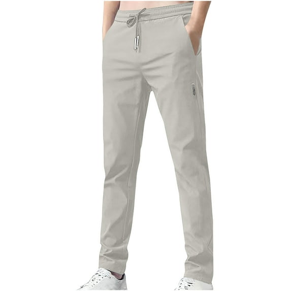 Stamzod Work Pants for Men Fashion Solid Color Elastic Waist Straight Trousers Loungewear Loose Fit Business Casual Pants for Men with Pockets Beige M