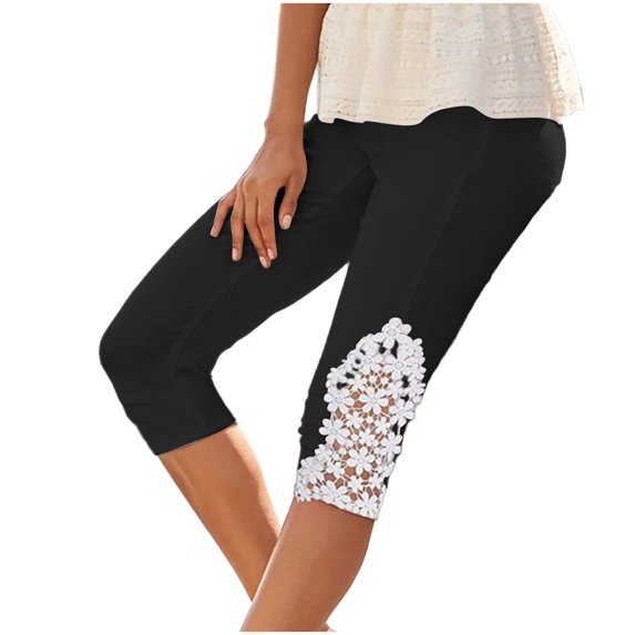 Stamzod Yoga Pants Women Capri Leggings Summer Solid Color Elastic Waist Lace Cropped Pants Casual Slim Fit Stretch Plus Size Capris for Women Black XXXL