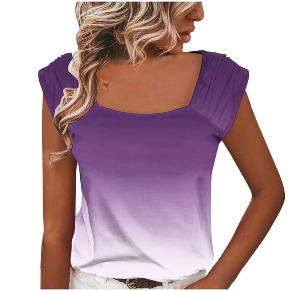 Summer Savings Clearance Summer Cap Sleeve Tops for Women 2024 Gradient Color Shirt Fashion Square Neck Tshirt Tops Vacation Basic Shirt Blouse