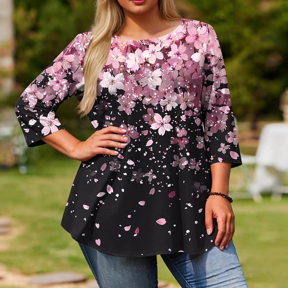 Sawvnm Women Blouses Plus Size Women's Fashion Loose Casual Printing 3/4 Sleeve T-Shirt Round Neck Plus Size Top Skirts for Women Black 2XL