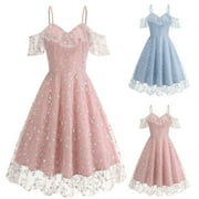 MIANHT TOPUUTP Women Lace Off-The-Shoulder Sling Short Sleeves Cocktail Prom Ballgown Vintage Dress