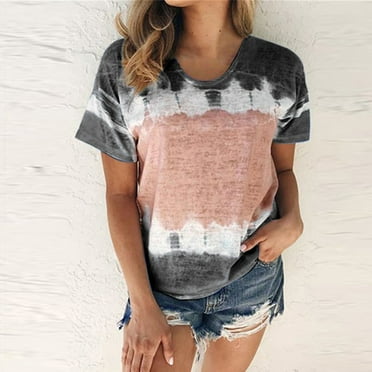 Summer Savings Clearance TOPUUTP Women's Color Block Tie- Patchwork Crew-Neck T-Shirt Casual Tee Tops（S-5XL）