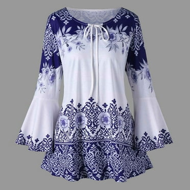 Summer Savings Clearance TOPUUTP Womens Plus Size Printed Flare Sleeve Tops Blouses Keyhole T-Shirts