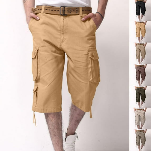 Titcea Cargo Shorts for Men Solid Cotton Buttons Zipper Straight Capris with Muti Pockets Loose Fitting Athletic 3/4 Length Pants Summer Outdoor Casual Pants(S-4XL)