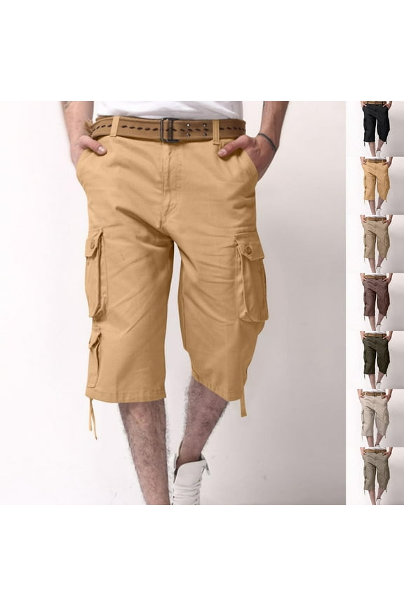 Cargo Shorts for Men Solid Cotton Buttons Zipper Straight Capris with Muti Pockets Loose Fitting Athletic 3/4 Length Pants Summer Outdoor Casual Pants(S-4XL)