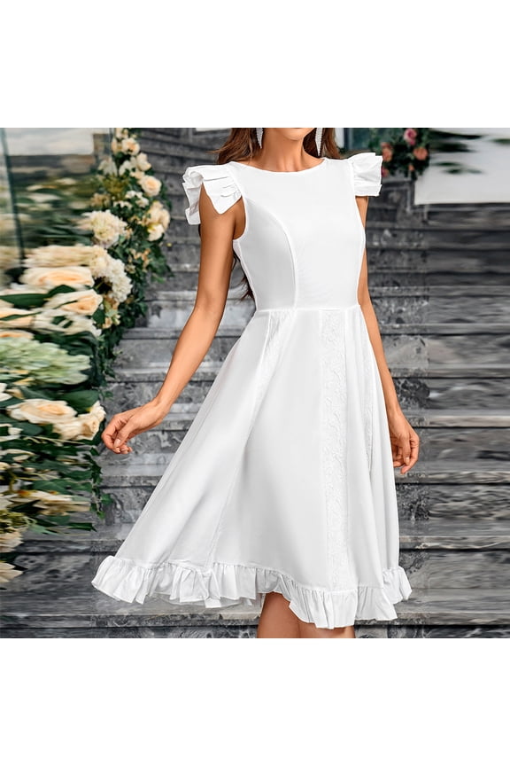 Cocktail Dresses for Women Round Neck Solid Color Ruffled Wide Hem Sleeveless Flowy Midi Dresses Graduation Wedding Slim Prom Dresses