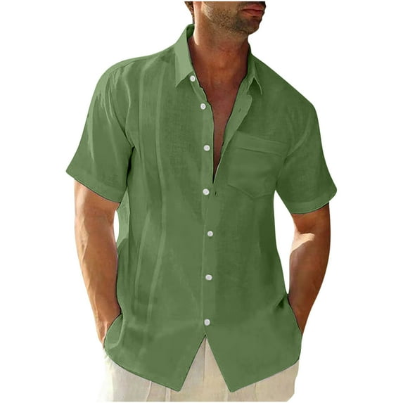 Titcea Linen Shirts for Men Solid Color Lapel Buttons Short Sleeve Shirt Have Pockets Hawaii Beach Vacation Summer Party Casual T Shirts
