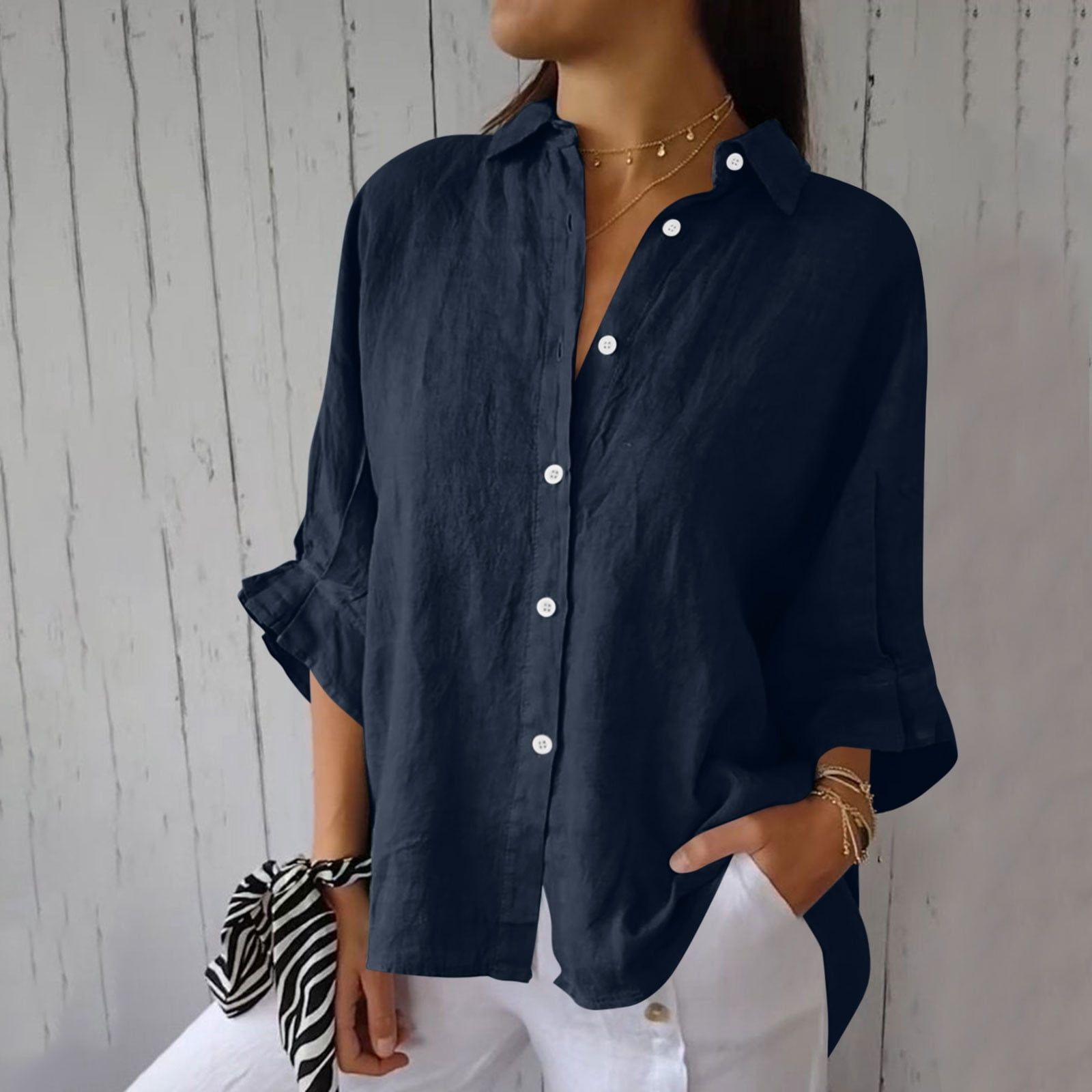 Women Summer Casual Pure Color O Neck 100 Linen Shirt 5