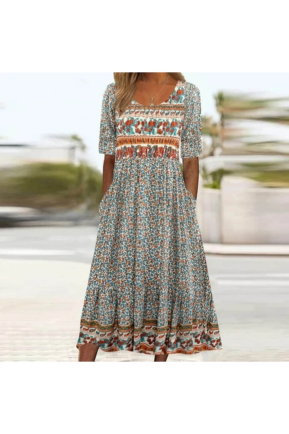 Maxi Dresses for Women Floral Printed Round Neck Short Sleeve Long Dresses Beach Holiday Party Summer Sundresses with Pockets