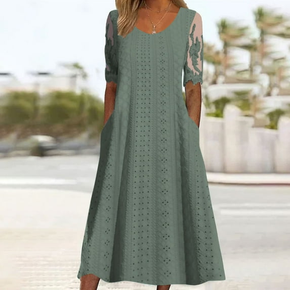 Titcea Maxi Dresses for Women Solid Color Round Neck Lace Short Sleeve Hollow Out Beach Dresses Hawaiian Holiday Summer Sundresses
