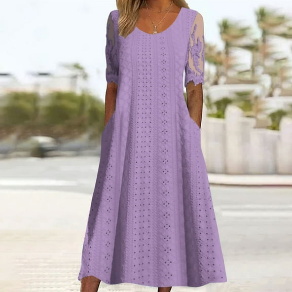 Titcea Maxi Dresses for Women Solid Color Round Neck Lace Short Sleeve Hollow Out Beach Dresses Hawaiian Holiday Summer Sundresses