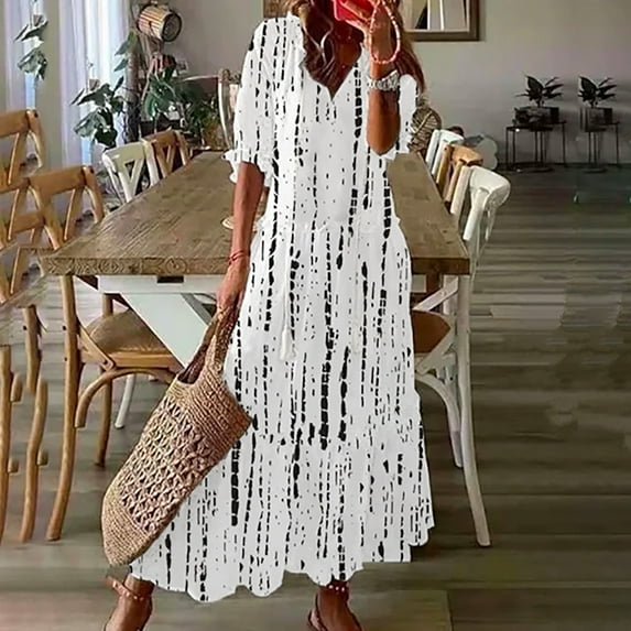 Summer Savings Clearance! Titcea Maxi Dresses for Women Fashion Printed V Neck Short Sleeve Sundresses Beach Holiday Flowy Summer Casual Dresses
