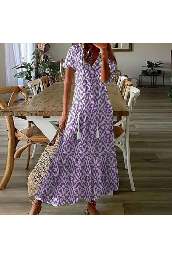 Maxi Dresses for Women Fashion Printed V Neck Short Sleeve Sundresses Beach Holiday Flowy Summer Casual Dresses