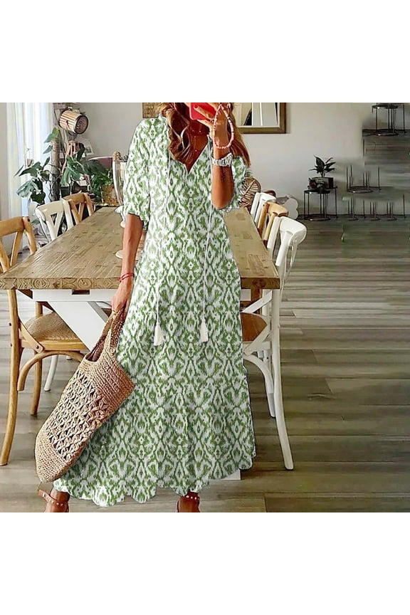 Maxi Dresses for Women Fashion Printed V Neck Short Sleeve Sundresses Beach Holiday Sexy Summer Casual Dresses